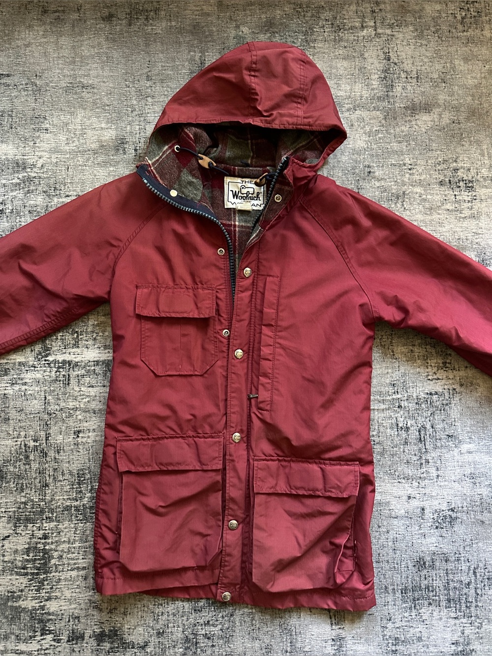 Woolrich Maroon Hooded Raincoat with Plaid Lining